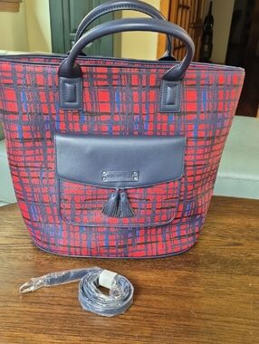Vera Bradley Red and Navy Plaid Tote with Tassel Pocket